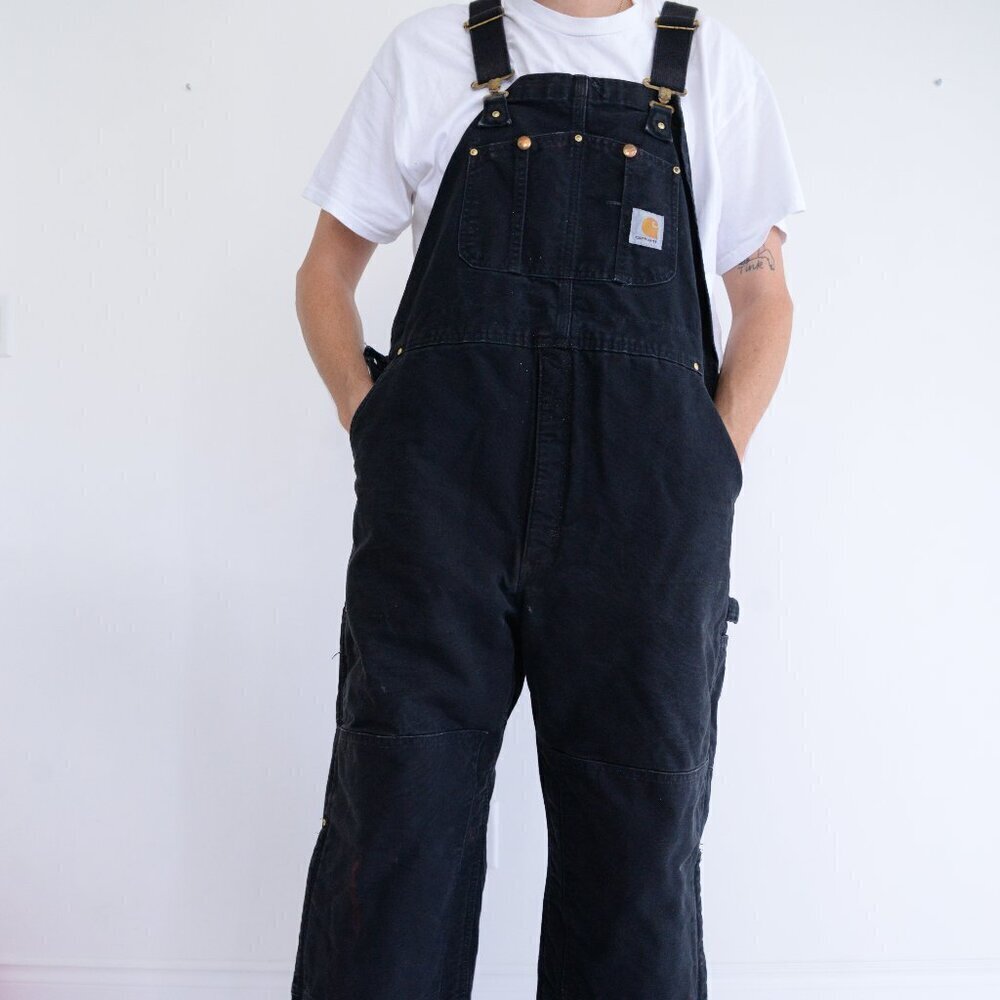 Vintage 80s Carhartt Black Distressed Red Quilt Lined Double Knee Overalls 44x30 - Picture 1 of 16